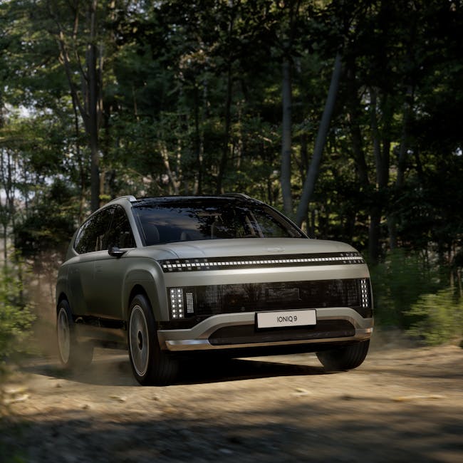 Modern EV car in forest